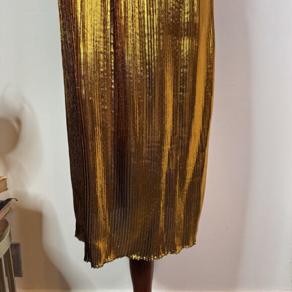 Cedric Charlier Gold Metallic Pleated Lamé Midi Dress Asymmetric Size 6 Goddess - Picture 6 of 15